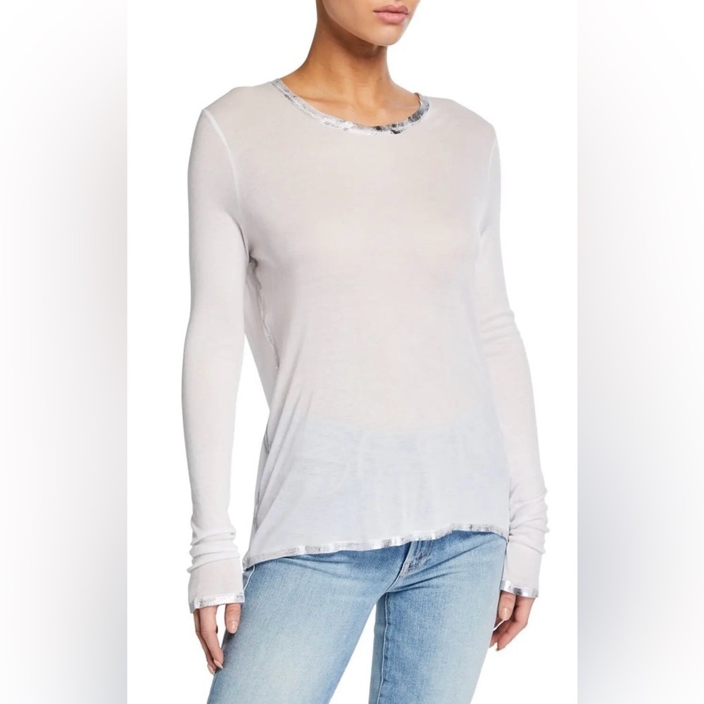 Zadig & Voltaire Willy Foil Long Sleeve Tee Blanc NWT XS Metallic Trim